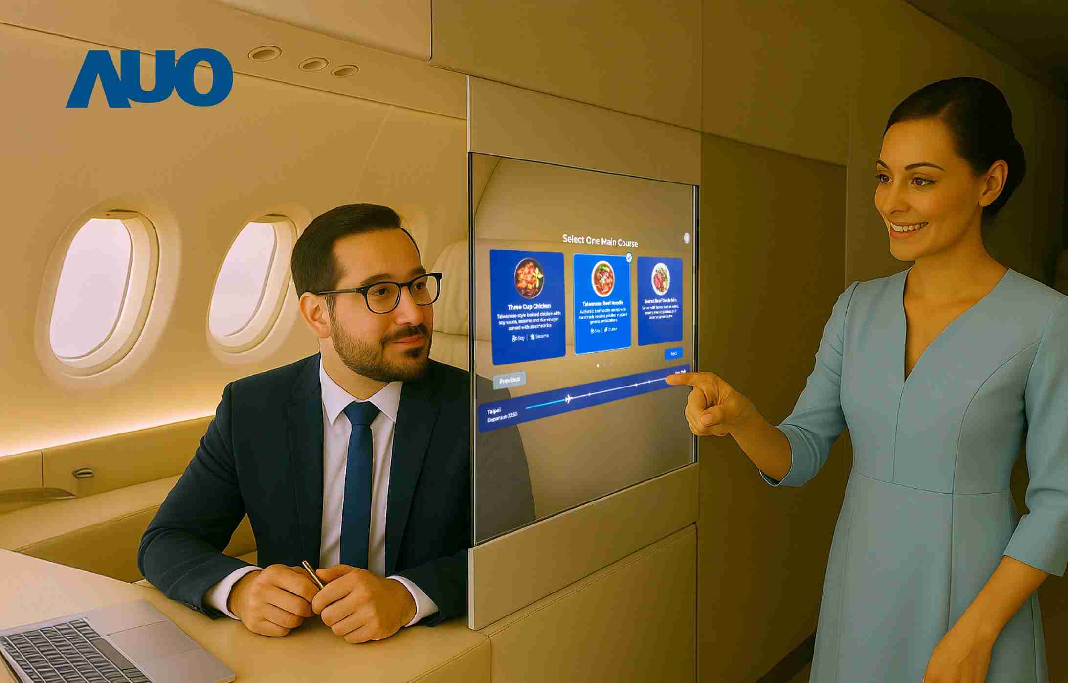 糖果派对研发全球最薄17.3 吋双面透明 Micro LED 显示器，，，可在同一屏幕之双边投射不同信息，，，创造独特的”透明化”互动；图为实时翻译交流应用情境