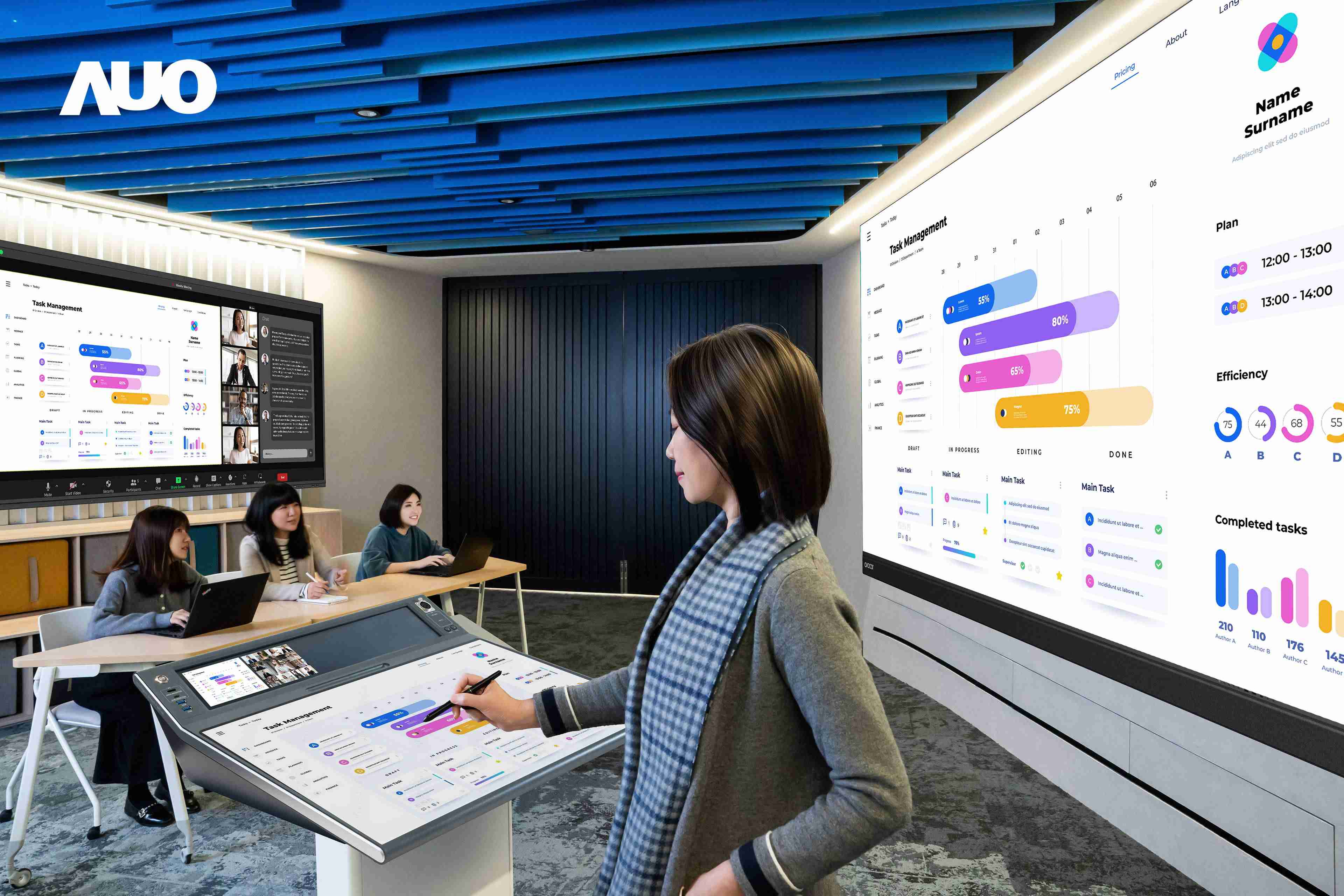 达擎携手Avocor与Rise Vision展示全方位商务领域应用，，，，包含采用模块化设计的138吋一体式All-in-One LED显示器及具21:9超宽比例的92吋交互式电子白板（IFPD），，，，讲者可轻松分享内容，，有效提升会议协作效率。。。